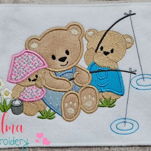 Family of Bears Fishing - Machine Embroidery Design - Applique - Animal Embroidery - 5x7 5x8 6x10 7x12 - Baby Boy Embroidery - Teddy Bear