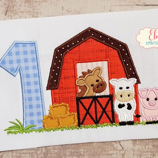 Barn 1st Birthday Farm Animals Number 1 One - Applique Embroidery - 5x4 5x7 5x8 6x10 7x12 - Machine Embroidery Design - Birthday Embroidery