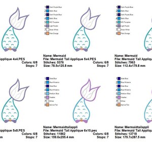 Puede incluir: Un dise&ntilde;o digital con seis apliques de cola de sirena en varios tama&ntilde;os. Cada dise&ntilde;o incluye una cola turquesa con un lazo morado y una aleta blanca y morada. Los dise&ntilde;os est&aacute;n etiquetados con el tama&ntilde;o y el n&uacute;mero de puntadas.