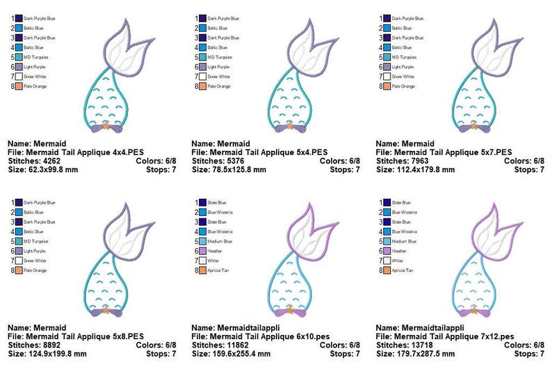 Puede incluir: Un dise&ntilde;o digital con seis apliques de cola de sirena en varios tama&ntilde;os. Cada dise&ntilde;o incluye una cola turquesa con un lazo morado y una aleta blanca y morada. Los dise&ntilde;os est&aacute;n etiquetados con el tama&ntilde;o y el n&uacute;mero de puntadas.