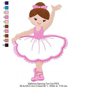 May include: A pink ballerina doll with brown hair and a white tutu. The doll is wearing pink shoes and has a pink ribbon in her hair. The doll is 3.54 inches by 4.94 inches.