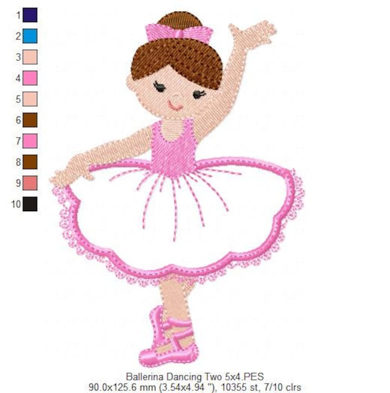 May include: A pink ballerina doll with brown hair and a white tutu. The doll is wearing pink shoes and has a pink ribbon in her hair. The doll is 3.54 inches by 4.94 inches.