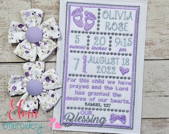 Baby Girl Our Blessing Birth Announcement Template  Applique 5x7 5x8 6x10 7x12 Machine Embroidery Design Baby Embroidery Newborn Embrooidery