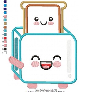 May include: A blue and white toaster with a smiling face and a slice of bread with a smiling face inside. The toaster has pink feet and a pink handle.