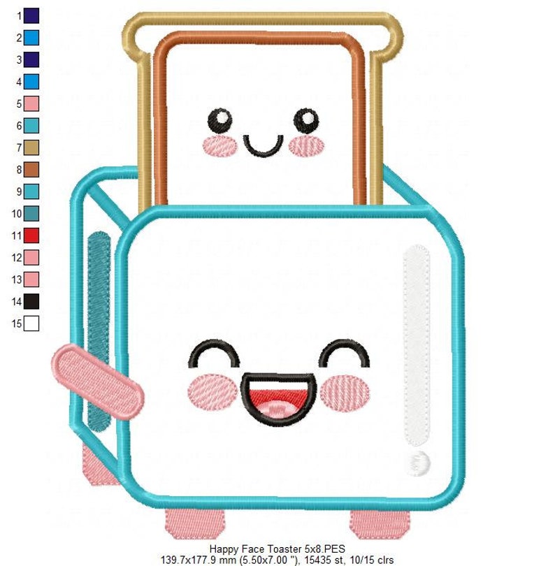 May include: A blue and white toaster with a smiling face and a slice of bread with a smiling face inside. The toaster has pink feet and a pink handle.
