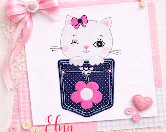 Disegno per ricamo di un gattino in tasca (download digitale)