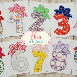 Big Bow Birthday Set Numbers 0-9 - Applique - 4x4 5x7 6x10 7x12 - Machine Embroidery Design - Birthday Embroidery
