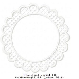 May include: White delicate lace frame with a scalloped edge. The frame is 3.91 inches by 3.92 inches and has 6449 stitches.