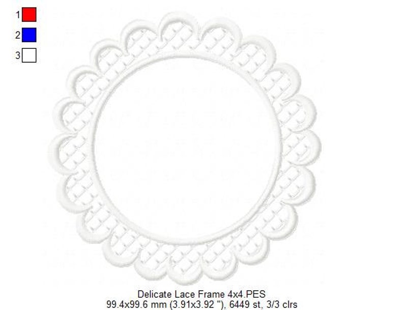 May include: White delicate lace frame with a scalloped edge. The frame is 3.91 inches by 3.92 inches and has 6449 stitches.