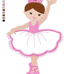 May include: A pink ballerina with brown hair and a white tutu. She is wearing pink shoes and has a pink bow in her hair. The image is a digital embroidery design.