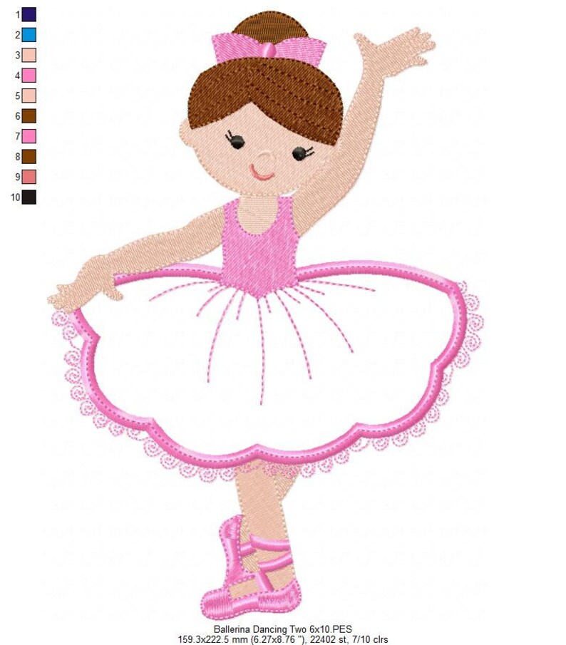 May include: A pink ballerina with brown hair and a white tutu. She is wearing pink shoes and has a pink bow in her hair. The image is a digital embroidery design.