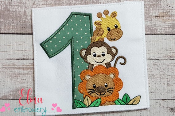 Safari Number 1 One 1st Birthday - Applique Embroidery - 4x4