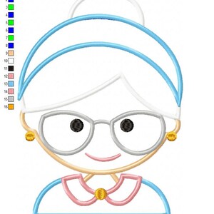 Puede incluir: Dise&ntilde;o bordado de la cara de una abuela sonriente, con gafas, pendientes y un cuello rosa. El dise&ntilde;o incluye el texto "Grandma 6x10.PES" y medidas de 159,8x220,5 mm.