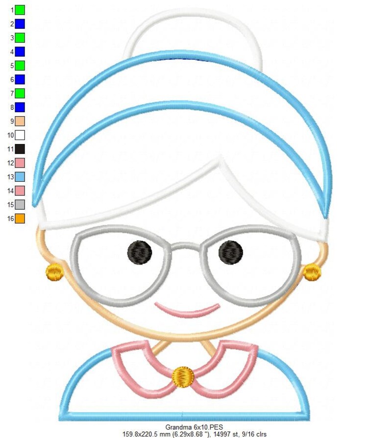 Puede incluir: Dise&ntilde;o bordado de la cara de una abuela sonriente, con gafas, pendientes y un cuello rosa. El dise&ntilde;o incluye el texto "Grandma 6x10.PES" y medidas de 159,8x220,5 mm.