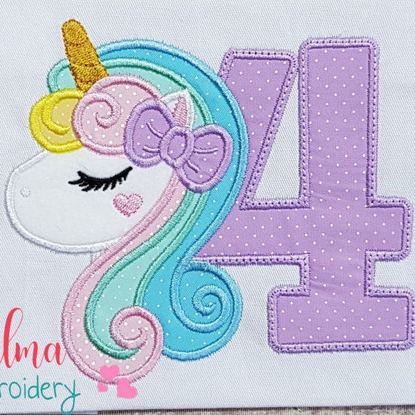 Unicorn Number 4 Four 4th Birthday - Applique - 4x4 5x5 6x6 7x7 - Machine Embroidery Design - Birthday Embroidery - Birthday Unicorn