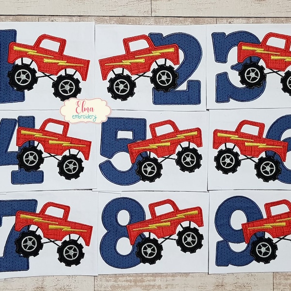 Monster Truck Numbers 1-9 Birthday Set Numbers - Applique - 4x4 5x4 5x7 5x8 6x10 7x12 - Machine Embroidery Design - Monster Truck Embroidery