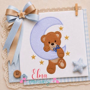 Sleepy Bear on Moon Applique Embroidery Design Baby Nursery Decor (Digital Download)