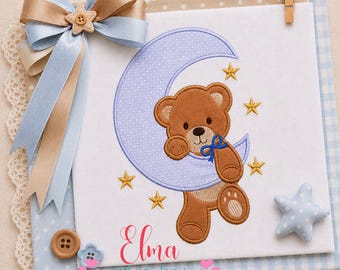 Sleepy Bear on Moon Applique Embroidery Design Baby Nursery Decor (Digital Download)