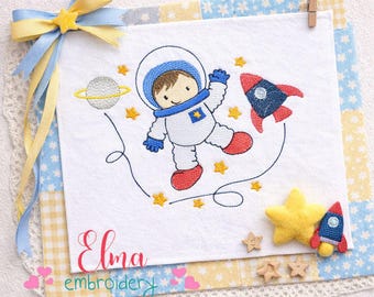 Diseño de bordado de astronauta, cohete espacial, boceto infantil (descarga digital)