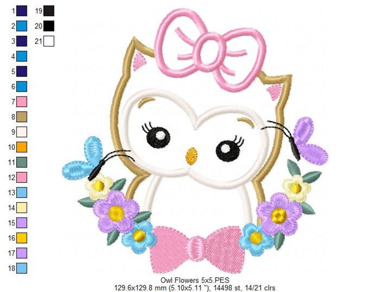 May include: Embroidered design of a white owl with pink bow and flowers. The owl has large black eyes and a small beak. The flowers are in shades of pink, purple, blue, and yellow. The design is 5 inches by 5 inches and has 14,498 stitches.