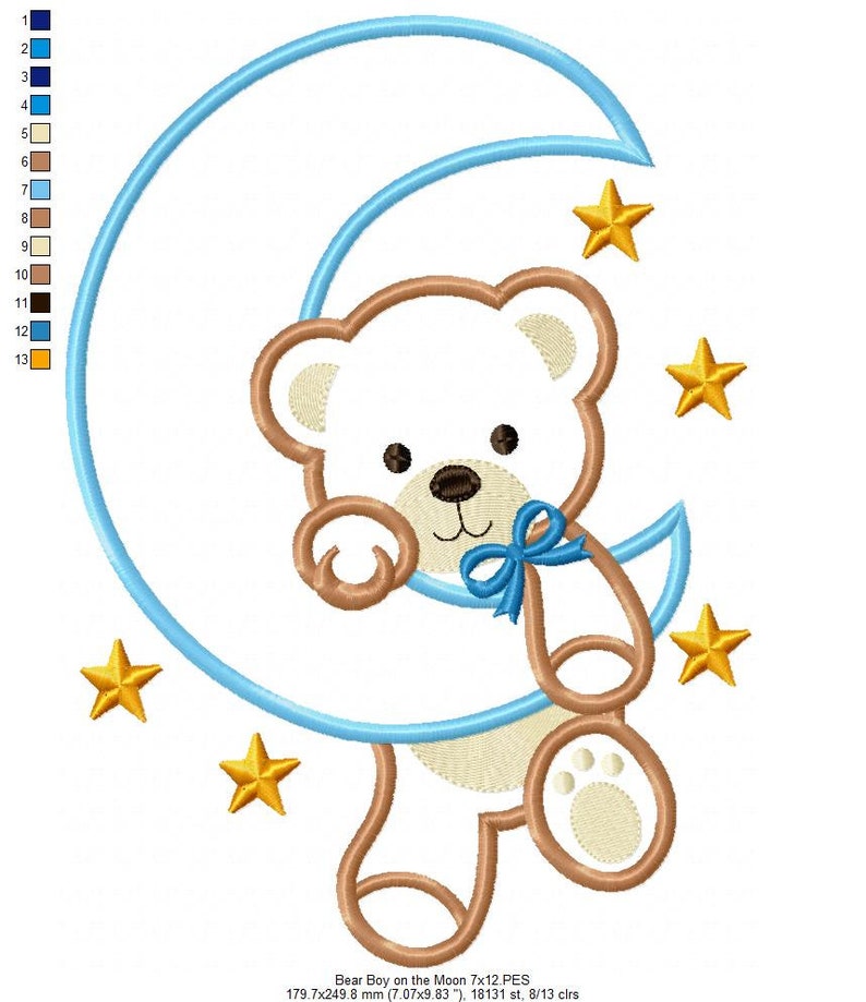 Bear Boy on the Moon Machine Embroidery Design Applique Animal Embroidery 4x4 5x4 5x7 5x8 6x10 7x12 Teddy Bear Embroidery image 8