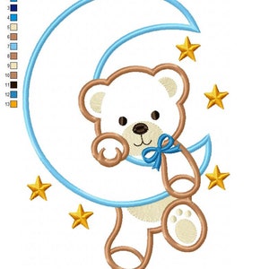 Bear Boy on the Moon Machine Embroidery Design Applique Animal Embroidery 4x4 5x4 5x7 5x8 6x10 7x12 Teddy Bear Embroidery image 7