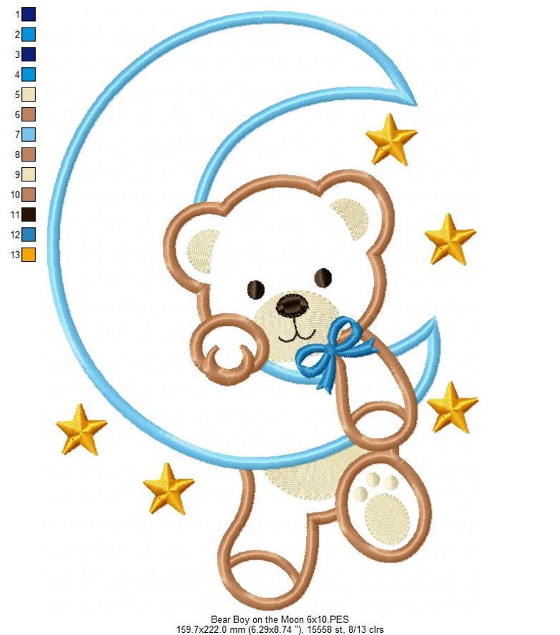 Bear Boy on the Moon Machine Embroidery Design Applique Animal Embroidery 4x4 5x4 5x7 5x8 6x10 7x12 Teddy Bear Embroidery image 7