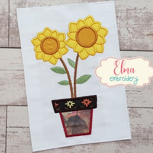 Summer Sunflower Vase - Applique Embroidery - 4x4 5x7 6x10 7x12 - Machine Embroidery Design - Flower Embroidery