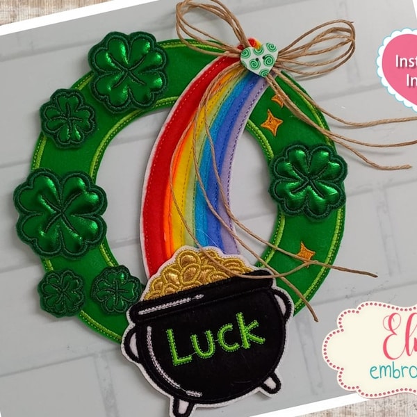 St Patrick Rainbow and Pot of Gold Wreath Project - Applique - 5x7 5x8 6x10 7x12 - Machine Embroidery Design - Instructions Included