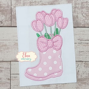 Tulips in a Boot Vase - Applique Embroidery Design - 4x4 5x4 5x7 5x8 6x10 7x12 - Machine Embroidery Design - Flower embroidery