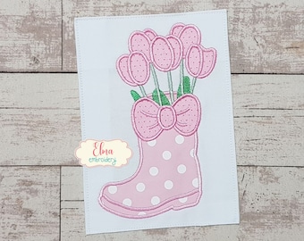 Tulips in a Boot Vase - Applique Embroidery Design - 4x4 5x4 5x7 5x8 6x10 7x12 - Machine Embroidery Design - Flower embroidery