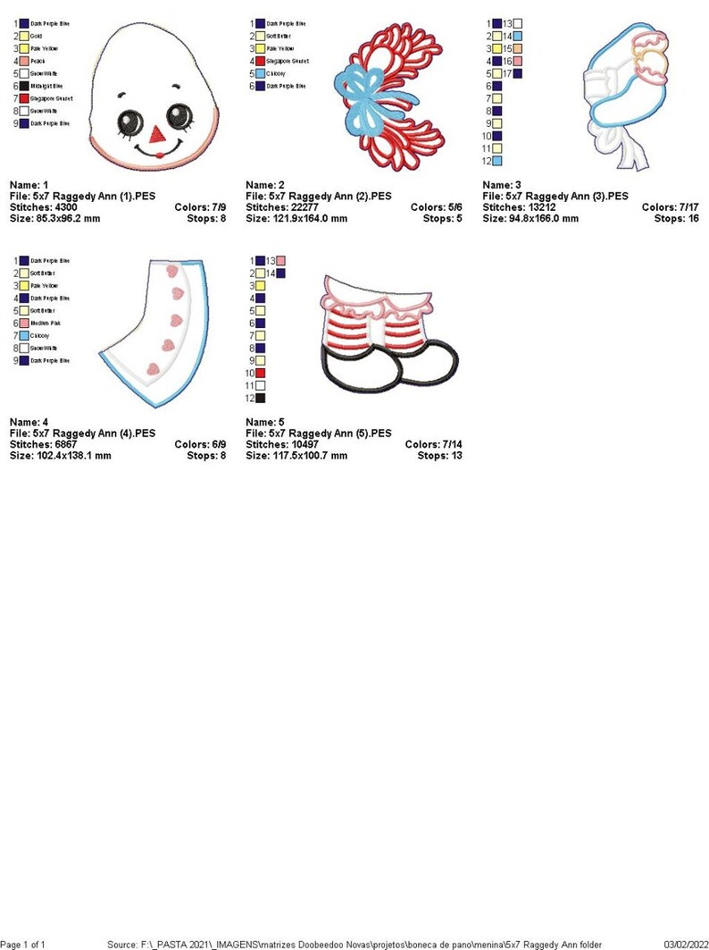 May include: A collection of machine embroidery designs featuring Raggedy Ann-inspired elements. Designs include a face, a decorative element with a bow, a bonnet, a watermelon slice with hearts, and a pair of shoes. The designs are in various colors.
