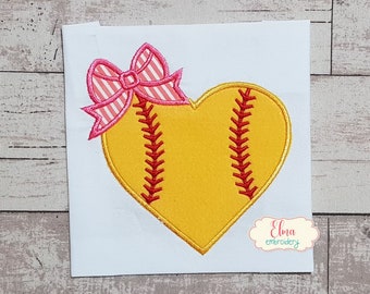 Bow Heart Softball Applique: Machine Embroidery Design (4x4 5x5 6x6 7x7)