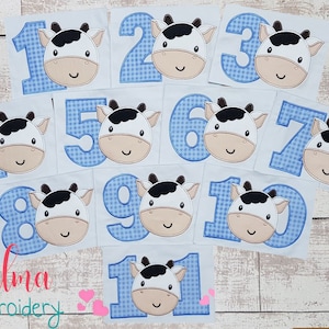 Cow Boy Birthday Set Numbers 1-11 - Applique - 4x4 5x7 6x10 7x12 - Machine Embroidery Design - Birthday Embroidery