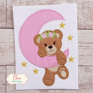 Bear Girl on the Moon - Machine Embroidery Design - Applique - Animal Embroidery - 4x4 5x4 5x7 5x8 6x10 7x12 - Teddy Bear Embroidery