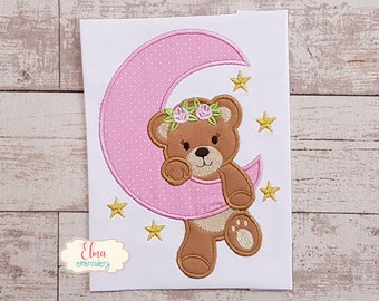 Bear Girl on Moon Applique - Machine Embroidery Design (4x4 5x4 5x7 5x8 6x10 7x12)