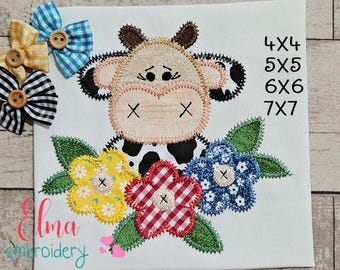 Cow With Flowers Embroidery Design: Farm Applique (Digital Download)
