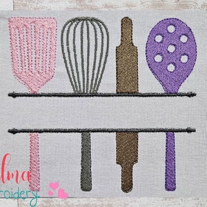 May include: Embroidered design of five kitchen utensils, including a spatula, whisk, rolling pin, and slotted spoon. The utensils are arranged in a row with a blank space for a name in the middle. The design is perfect for a kitchen towel or other home decor.