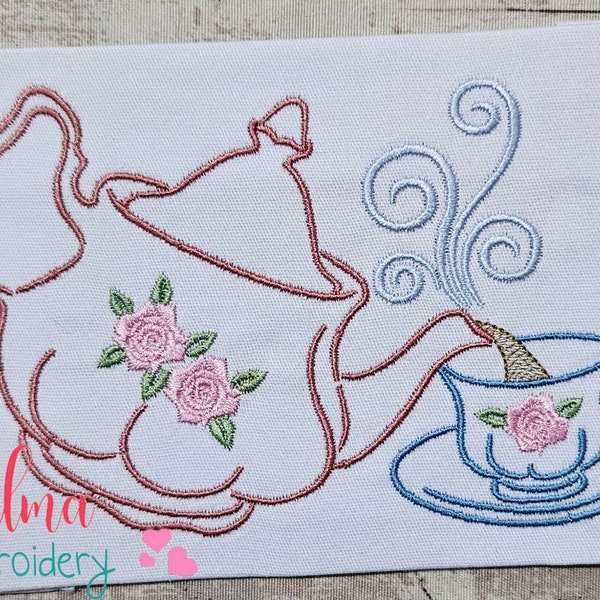 Teapot and Teacup - Redwork Stitch - 4x4 5x4 5x7 5x8 6x10 7x12 - Machine Embroidery Design - Kitchen Embroidery - Tea Pot Teacup Embroidery