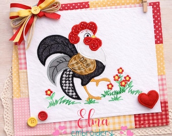 May include: A decorative square featuring an embroidered rooster with a red comb and wattle, black and gray feathers, and a brown chest. The design includes red flowers, a felt heart, and the text "Elma embroidery". A red, yellow, and white bow adorns the top.