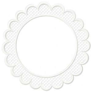 May include: White scalloped circle frame with a delicate, textured pattern. This frame is perfect for adding a touch of elegance to your crafts and projects.