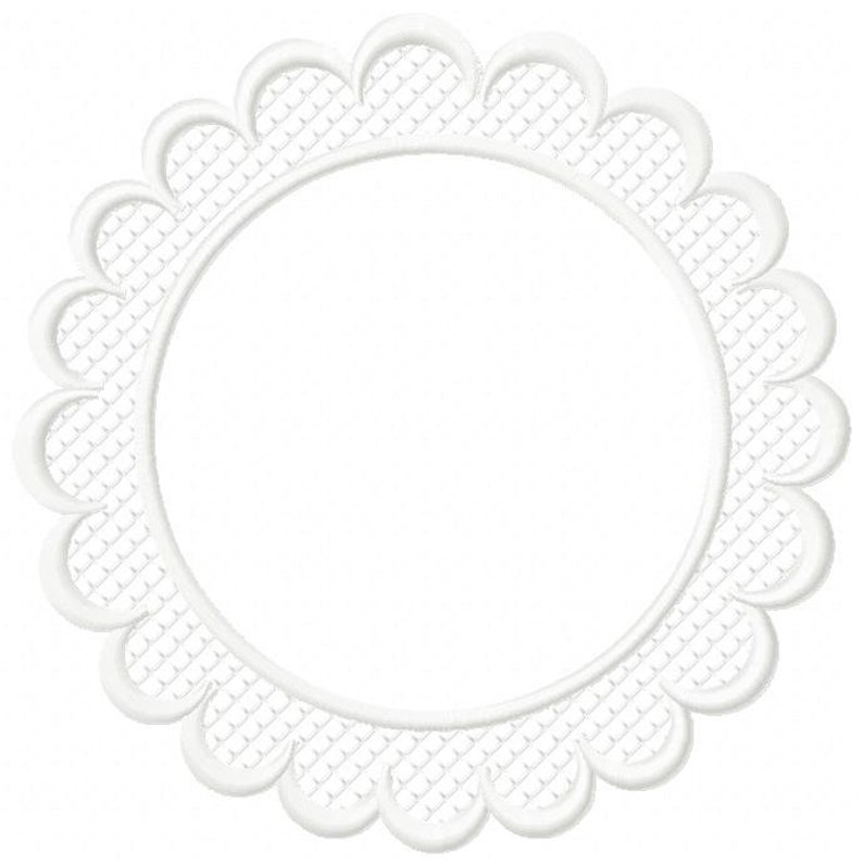 May include: White scalloped circle frame with a delicate, textured pattern. This frame is perfect for adding a touch of elegance to your crafts and projects.