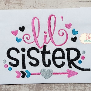 Lil Sister Arrow and Hearts - Fill Stitch Embroidery - 4x4 5x4 5x7 5x8 6x10 7x12 - Machine Embroidery Design - Sister Embroidery