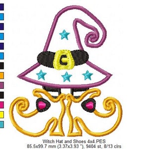 May include: A purple witch hat with a white brim and yellow stars, a black band with a gold buckle, and a pair of yellow shoes with pink accents. The image includes the text "Witch Hat and Shoes 4x4.PES 85.5x99.7 mm (3.37x3.93 "), 9404 st, 8/13 clrs".