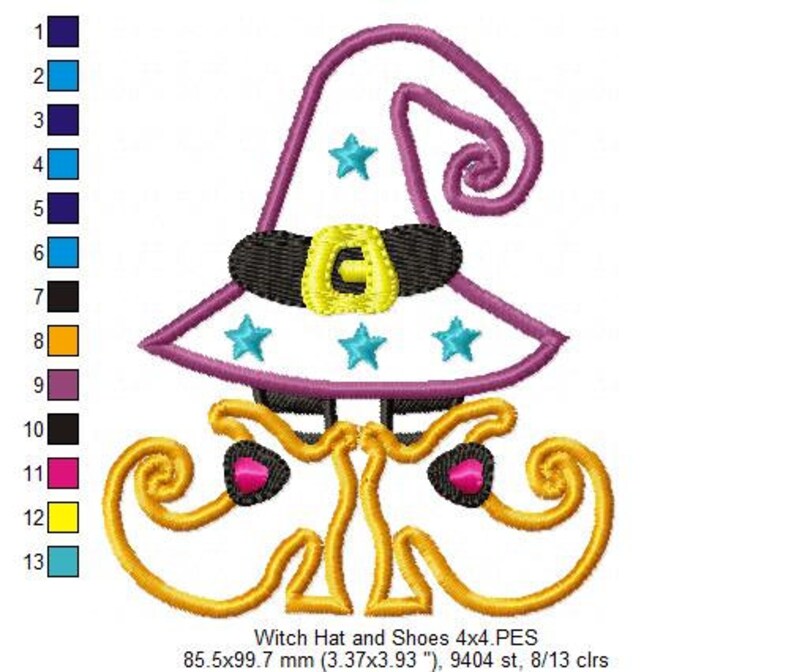May include: A purple witch hat with a white brim and yellow stars, a black band with a gold buckle, and a pair of yellow shoes with pink accents. The image includes the text "Witch Hat and Shoes 4x4.PES 85.5x99.7 mm (3.37x3.93 "), 9404 st, 8/13 clrs".