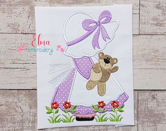 Sunbonnet with Teddy Bear -  Applique - 4x4 5x4 5x7 5x8 6x10 7x12 - Sunbonnet embroidery - Baby Girl embroidery - New Baby Embroidery Design