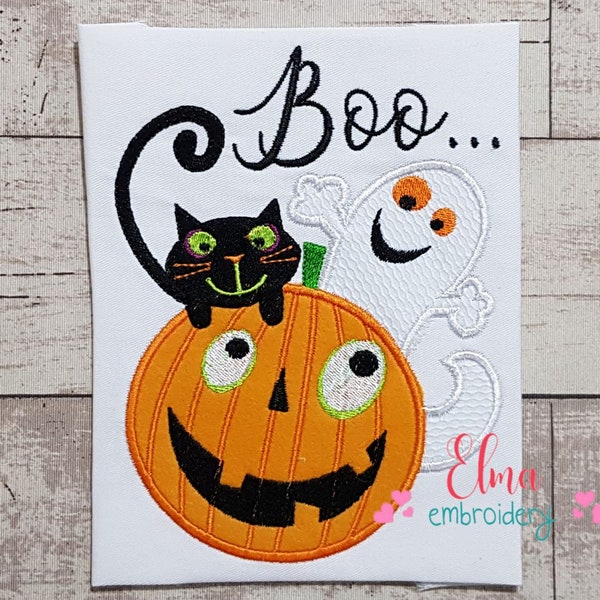 Halloween Pumpkin, Ghost and Black Cat - Applique - 4x4 5x4 5x7 5x8 6x10 7x12 - Halloween Embroidery - Machine Embroidery Design