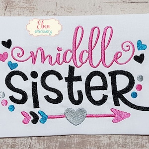 Middle Sister Arrow and Hearts - Fill Stitch Embroidery - 4x4 5x4 5x7 5x8 6x10 7x12 - Machine Embroidery Design - Sister Embroidery
