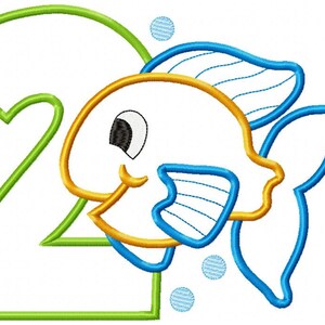 May include: A green number two with a yellow and blue fish swimming next to it. The fish has a big eye and a smile. There are three blue bubbles around the fish.
