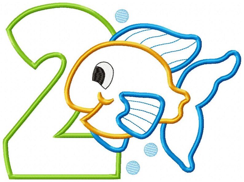 May include: A green number two with a yellow and blue fish swimming next to it. The fish has a big eye and a smile. There are three blue bubbles around the fish.